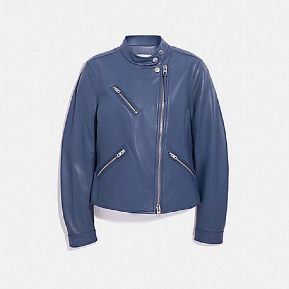 NWT XS Coach Uptown Racer Navy Blue Leather Jacket